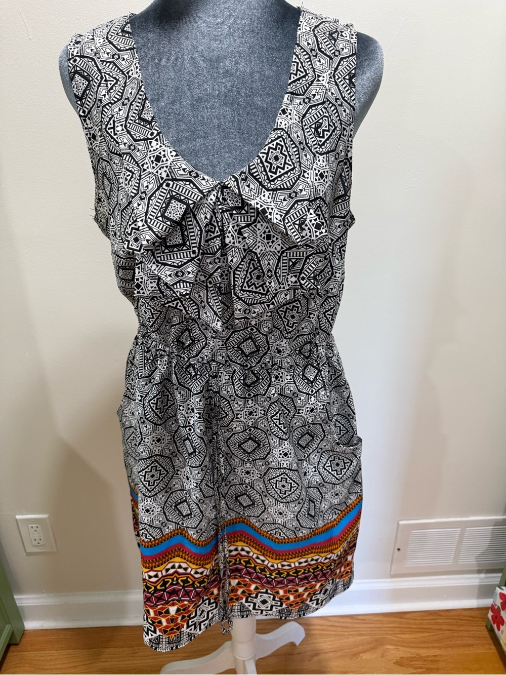 BeBop Black and White Geo Print Sleeveless Midi with Multicolor Border